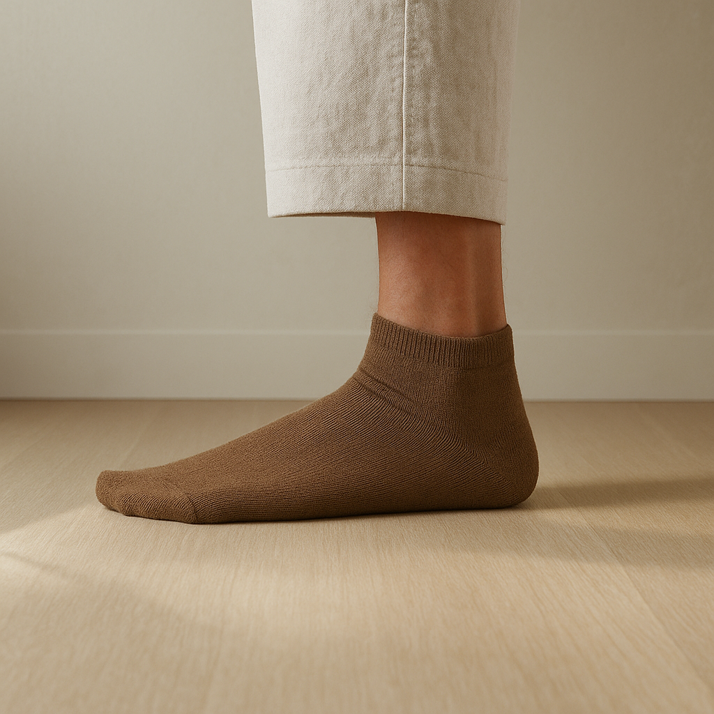 Sustainable khaki ankle socks made from lyocell, worn with white sneakers on wooden floor – Klue lookbook photo.