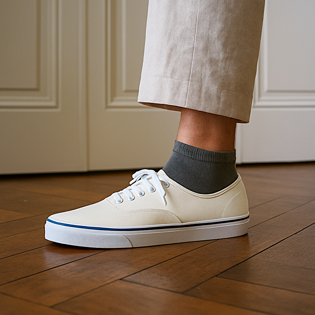 Sustainable khaki ankle socks made from lyocell, worn with white sneakers on wooden floor – Klue website photo.