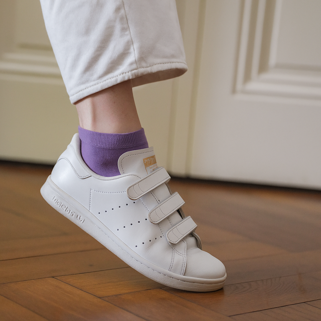 Lavender purple lyocell ankle socks worn with white sneakers and off-white pants – Klue sustainable fashion detail photo